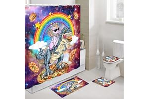 Grtuspr Cute Kids Shower Curtain Set with Non-Slip Rug - Cool Unicorn Riding Dinosaur Theme for Kids' Bathroom