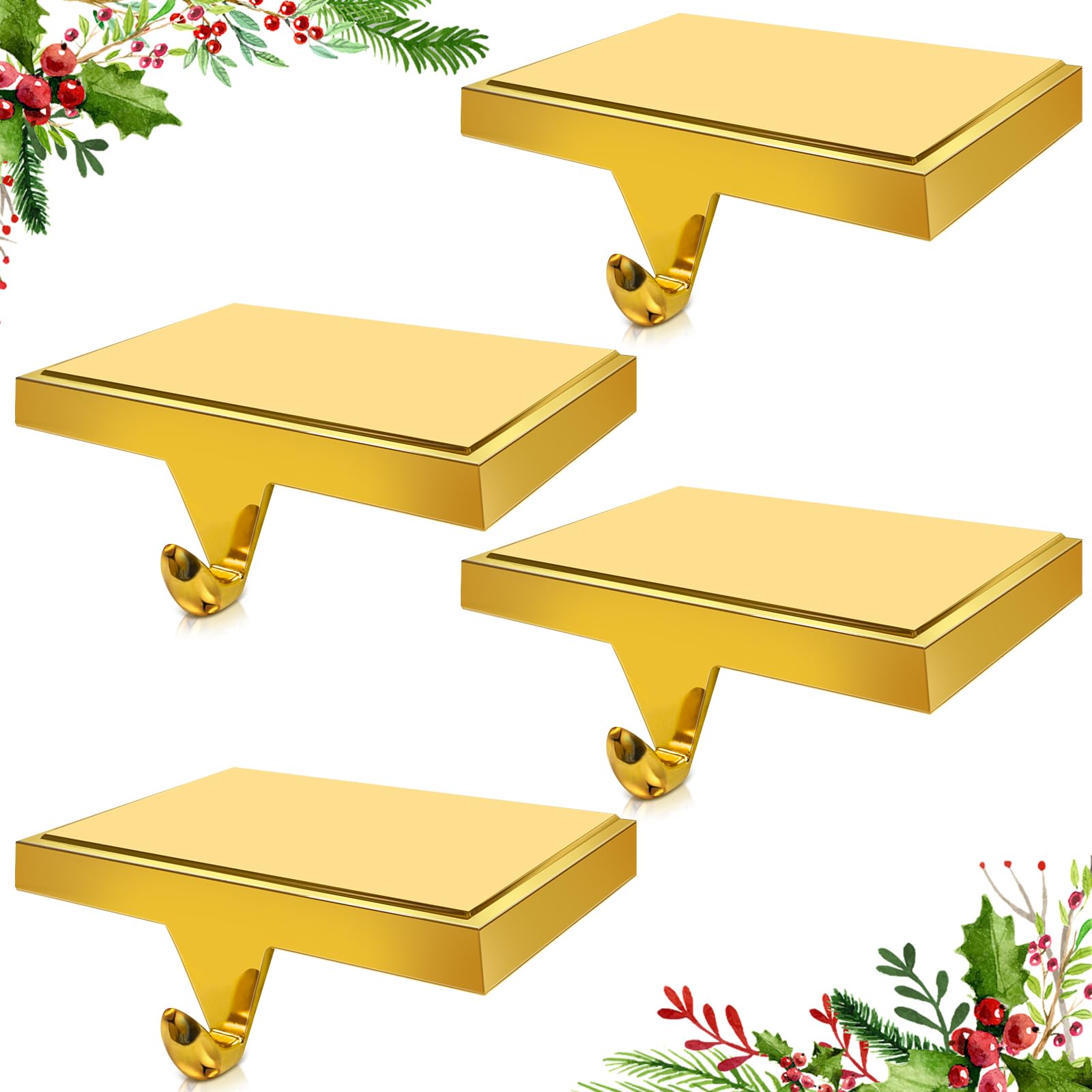 Photo 1 of 4 Pack Christmas Stocking Holders for Mantle, DIY Mantle Christmas Stocking Hanging Hooks Stocking Holder Fireplace Stand Hanger Holder Weighted Hangers for Staircases Xmas Party Decor (Gold)