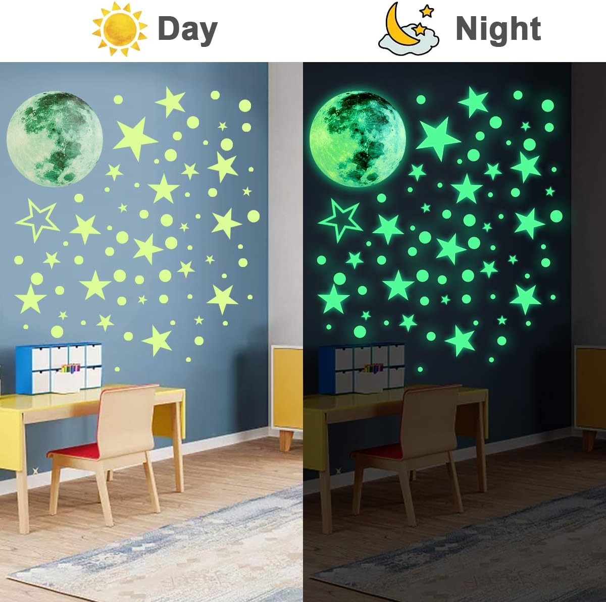 Glow in The Dark Ceiling Stickers 435PCS Luminous Fluorescent Dots Stars and Moon Space Wall