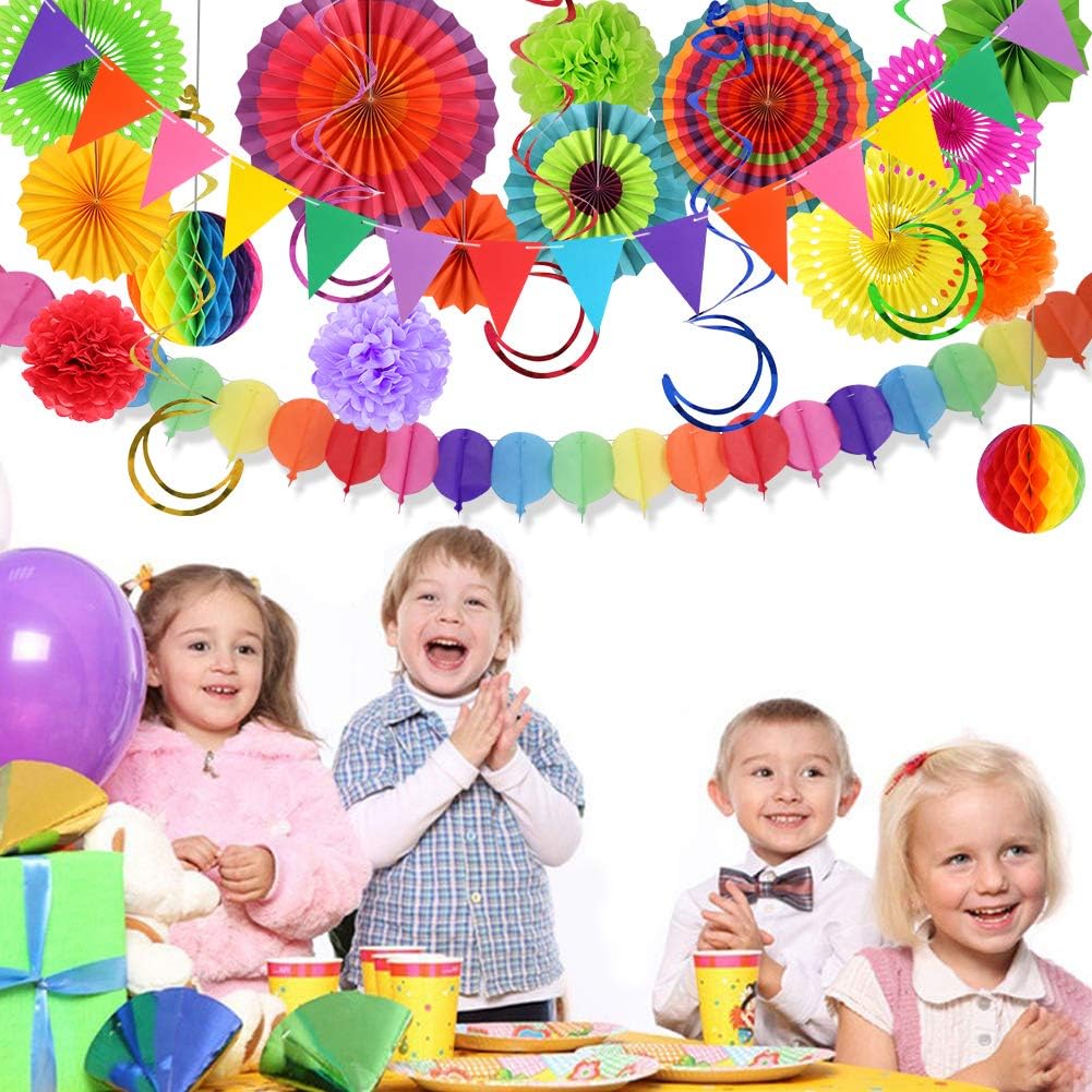 Mexican Party Decorations, Fiesta Party Supplies Hanging Paper Fans Pom Poms Flowers Swirls Garlands String Polka Dot and Triangle Bunting Flags for Birthday Parties Rainbow Party: Health & Personal Care