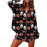 SOOKABEILA Womens Halloween Silk Pajama Set Pumpkin Bow Print Long Sleeve Button Down Shirt Shorts Y2k Holiday Sleepwear