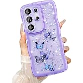 UEEBAI Wave Butterfly Case for Samsung Galaxy S26 Ultra 5G Case, Pretty Bling Star Butterfly for Women Cute Shiny Glitter Phone Cover for Girls Bling Clear Cover Curly Shockproof Girly - Purple