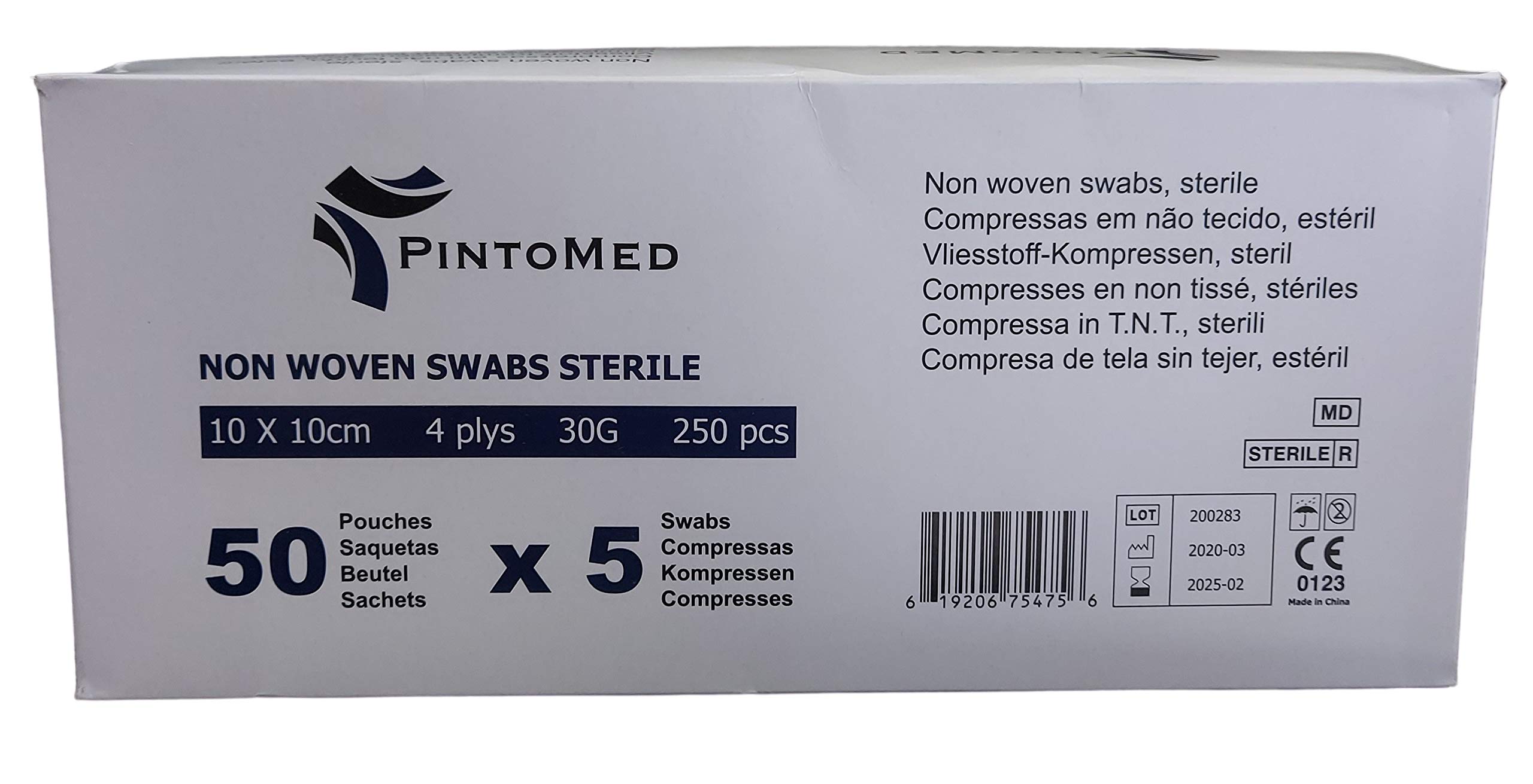 PintoMed - Non-Woven Swabs Sterile, Soft Wound Care, Absorbent, First Aid, 10cm x 10cm 4Plys - Pack of 250 Pcs, 50 Pouches, 5 per Pouch