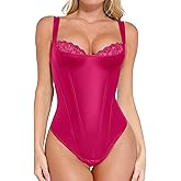 Popilush Faux Leather Shapewear Bodysuit Lace Body Suits for Womens Tummy Control Corset Tops Thong Body Shaper