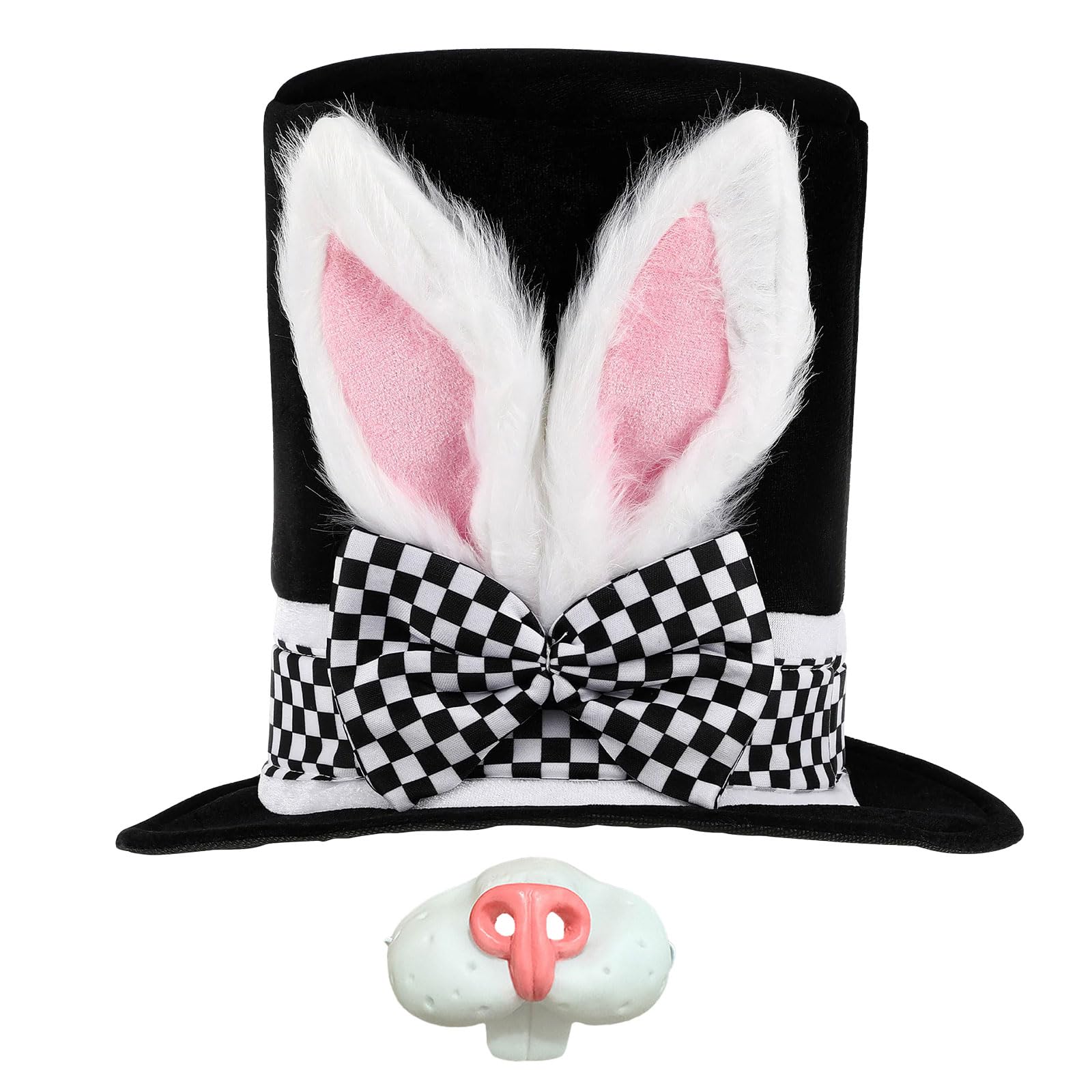 Femihua 2 Pcs Easter Bunny Ear Top Hat Set, Easter Day Bunny Ears Hat with Rabbit Nose, White Rabbit Black Costume Plush Hat, Fun Costume Accessories for Spring Fancy Dress Party Costume