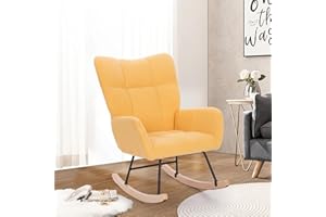 Unovivy Rocking Chair Nursery, Upholstered Glider Rocker with High Backrest, Stylish Accent Armchair with Padded Seat Indoor, Suitable for Living Room, Bedroom, Office, 35.4" H, Teddy Yellow