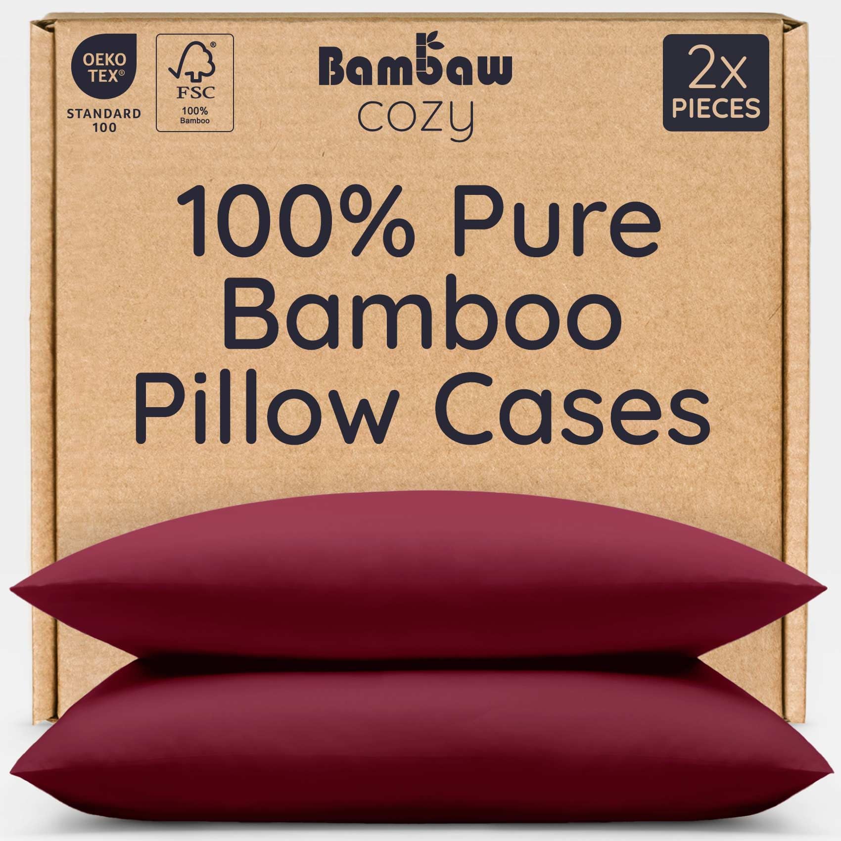 Bambaw Pillow Case 50x75 Bamboo, 2 Pack, Hypoallergenic & Cool Pillow Cases, 100% Bamboo Cooling Pillowcase with Envelope Closure, Hotel Pillowcases 2 Pack, 50x75 cm, Oeko-Tex Certified (Burgundy)