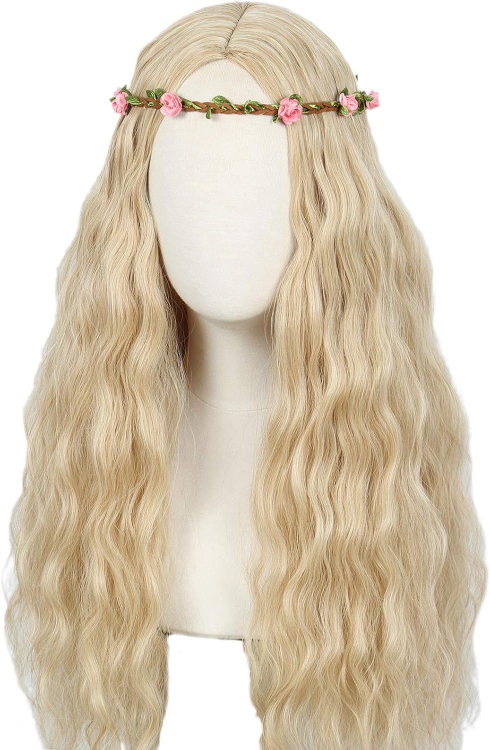 Linfairy Long Wavy Wigs Halloween Cosplay Costume Wig for Women Party with flower Crown(Long blonde), 2 Piece Set