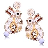 Easter Beaded Earrings for Women Boho Hypoallergenic Handmade Bunny Dangling Earrings Rainbow Egg Dangle Earrings Cute Pom Pom Pearl Beads Rabbit Easter Jewelry