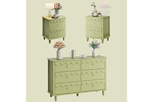 Anbuy Bedroom Set 3 PCS Scalloped 6 Drawer Dresser and Night Stand Sets for Bedroom, Two Drawers Nightstand Set of 2 & 6 Drawer Dresser Combo 3 Pieces (Green)