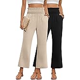 Oakgarden 2 Pack Women's Linen Pants, High Waist Cropped Wide Leg Loose Pants with Pockets Flowy Palazzo Beach Trousers(Khaki, Black,Small)