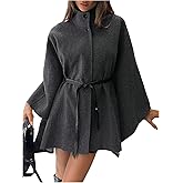 SOLY HUX Women's Elegant Ponchos Pea Coat Tie Front Stand Collar Winter Overcoat Outerwear