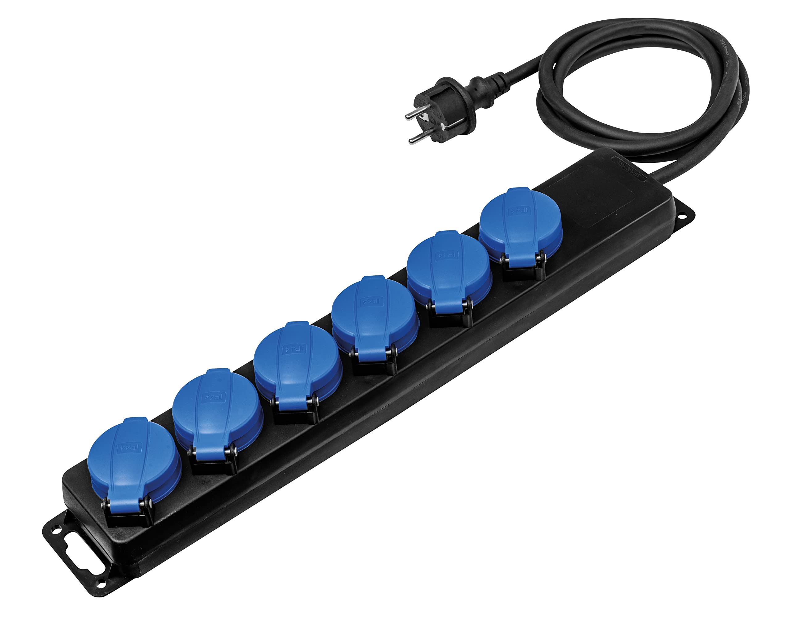 as - Schwabe 6-Fach Verteilersteckdosenleiste, Mehrfachstecker mit 1,5 m Leitung H07RN-F 3G1,5, Mehrfachsteckdosen mit Klappdeckel und Wandbefestigung, Aussenbereich, 230V, 16A, IP44, Schwarz, 38616