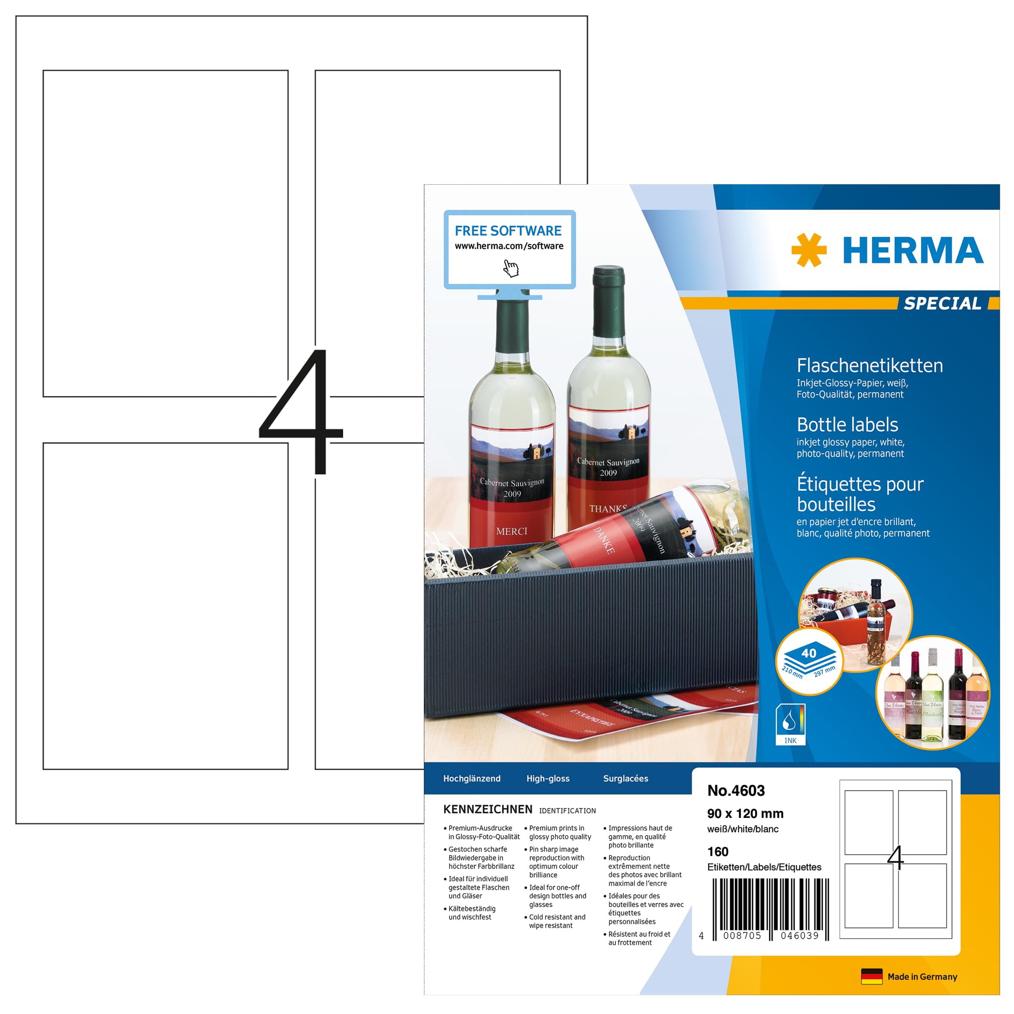 HERMA Self Adhesive Bottle Labels, 160 Labels, 90 x 120 mm, White, Glossy, Inkjet Printer Compatible