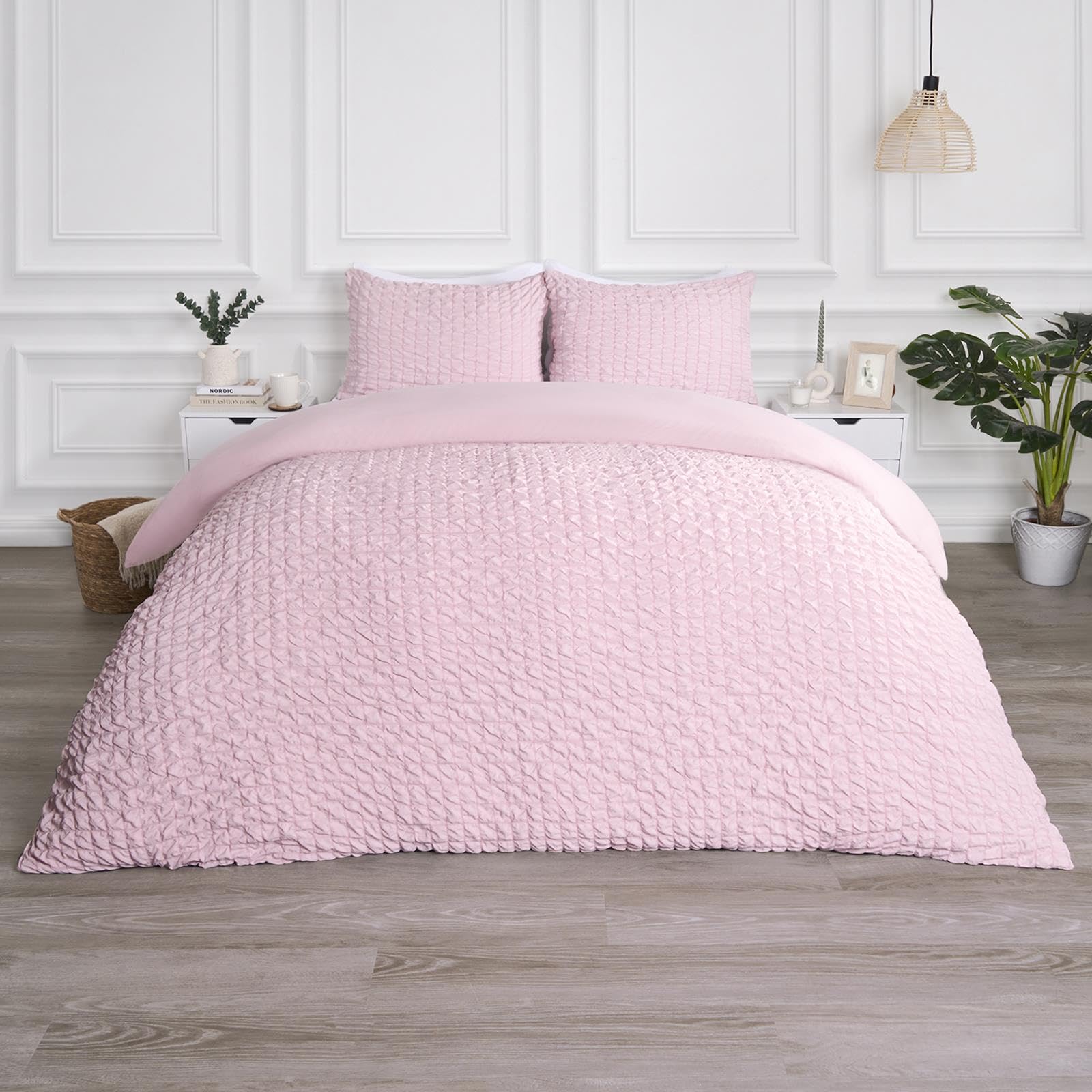 OHS Pink Bedding King Size Duvet Cover Sets, Gifts for Women Geometric Seersucker Duvet Cover Luxurious Embossed Waffle Bedding Quilt Covers King Size with Matching Pillowcases, Blush Pink