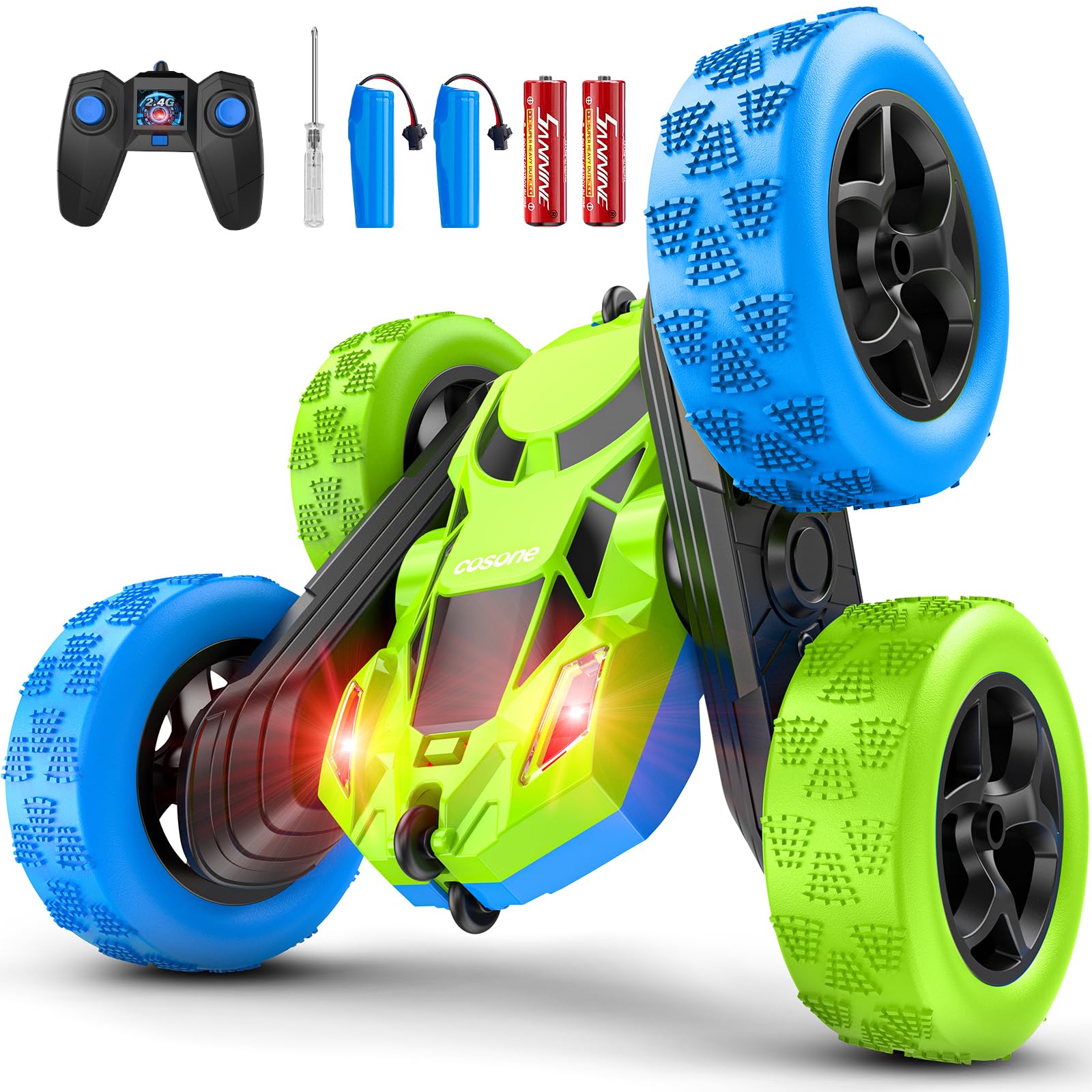 cosone Remote Control Cars, RC Cars with Headlights 2.4GHZ Remote Car Toys, 4WD Off Road Stunt Car Double Sided 360° Rotating, Birthday Gifts for Boys Age 6+ Years Old (Blue-Green)