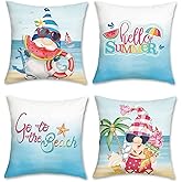 COZZSNUGE Beach Coastal Throw Pillow Covers, Blue Pink Gnomes Watermelon Summer Velvety Decorative Pillowcases for Sofa Bed Home Patio Set of 4, 18 x 18 Inches