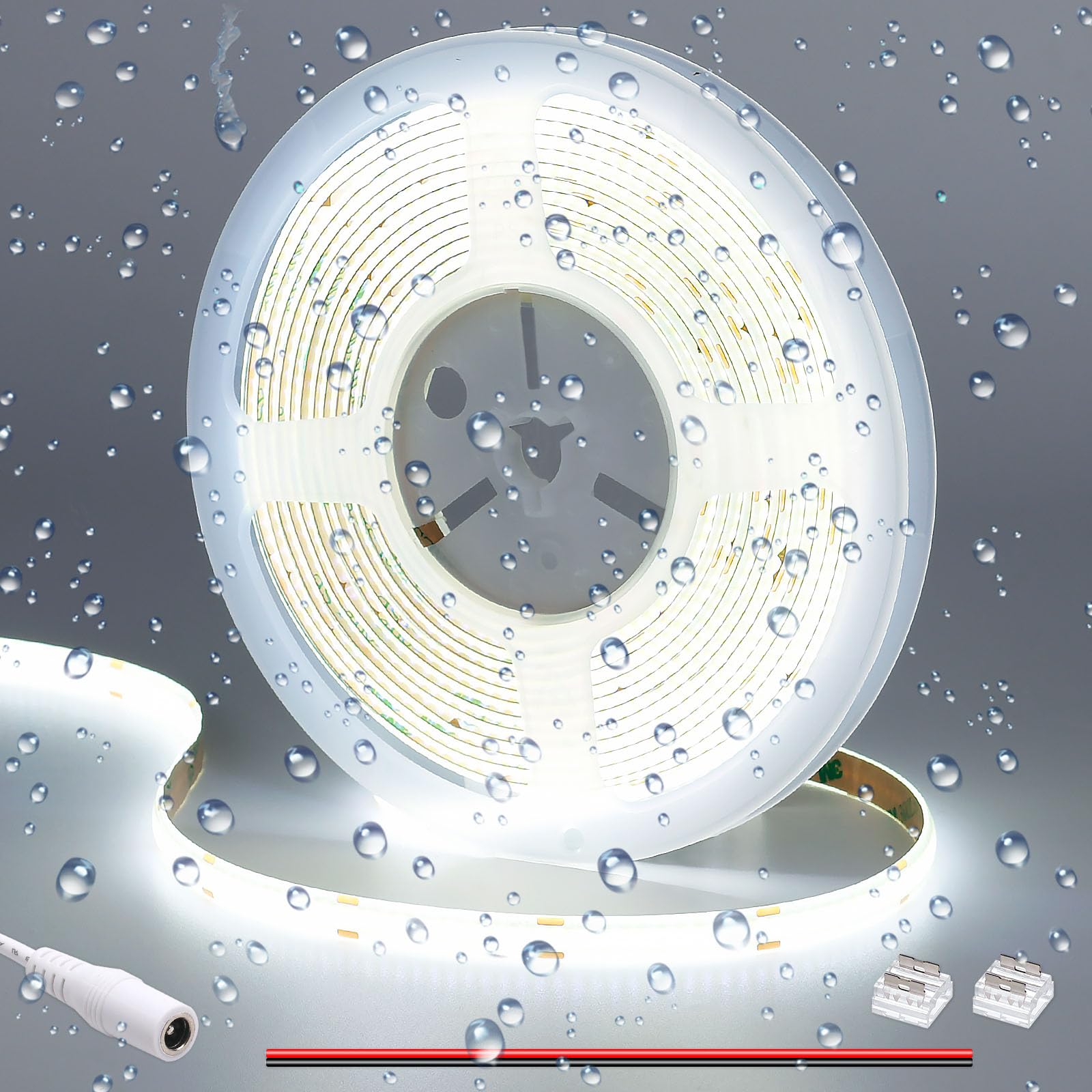 GOMING DC 12V COB LED Strip Light Cool White 6000K IP65 Waterproof 16.4ft(5M) 1560LEDs CRI 93+ Uniform Glow Flexible LED Tape Lights for DIY Bedroom Kitchen Home Decor(No Power Supply)