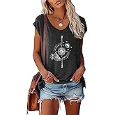 YITAN Women's Compass Mountain Graphic T-Shirt V-Neck Cap Sleeve Tops