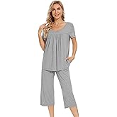 WiWi Pajamas for Women Soft Cooling Short Sleeve Sleepwear with Capri Pants Viscose from Bamboo Pjs Sets S-XXL