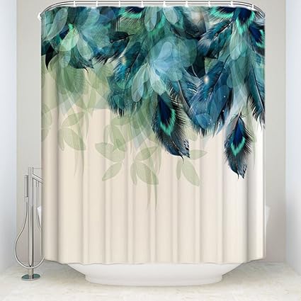 Peacock Feather Shower Curtains Waterproof Mildewproof Fabric Polyester Printed Washable Bath Curtain for Bathroom with Durable Hooks (180x200cm)