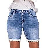 Flamingals Bermuda Jean Shorts for Women Mid Waist Summer Trendy Stretchy Lace Trim Denim Shorts