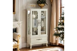 Eyisean Glass Display Cabinet, 52" H Curio Cabinet with Adjustable Shelves and Mirrored Back Panel, Wooden China Cabinet with Light Bulb, Rack for Living Room Storage (Antique White)