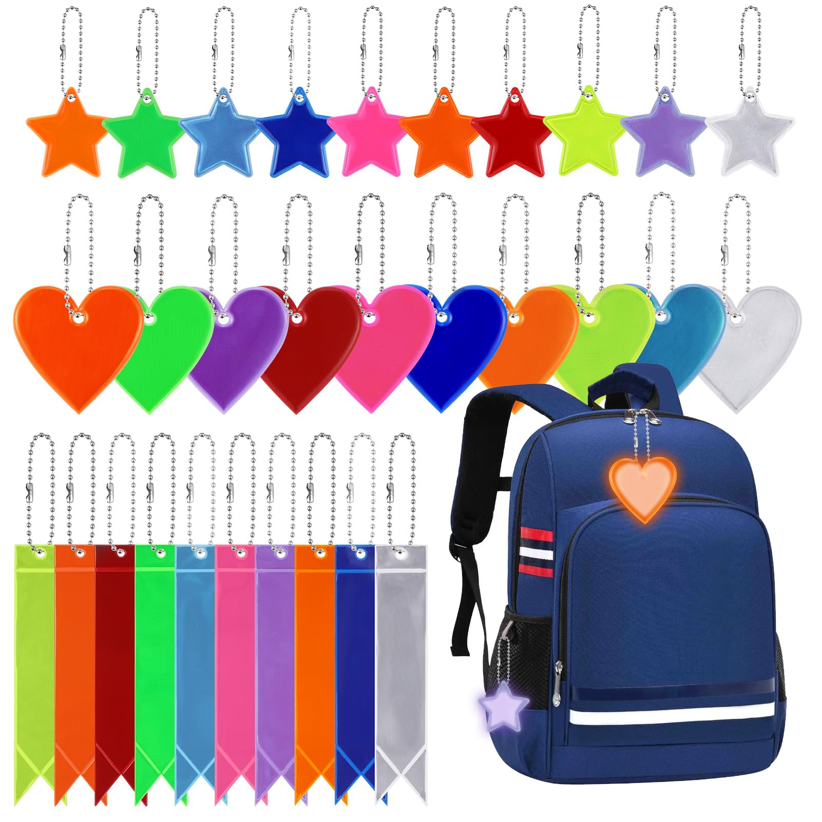 Zocipro 30Pcs Safety Reflector Pendants, High Visibility Star/Love/Ribbon Reflector Pendant with Chain, Kids Waterproof Reflective Pendants for Backpacks, Walking, Running, Cycling (10 Colors)