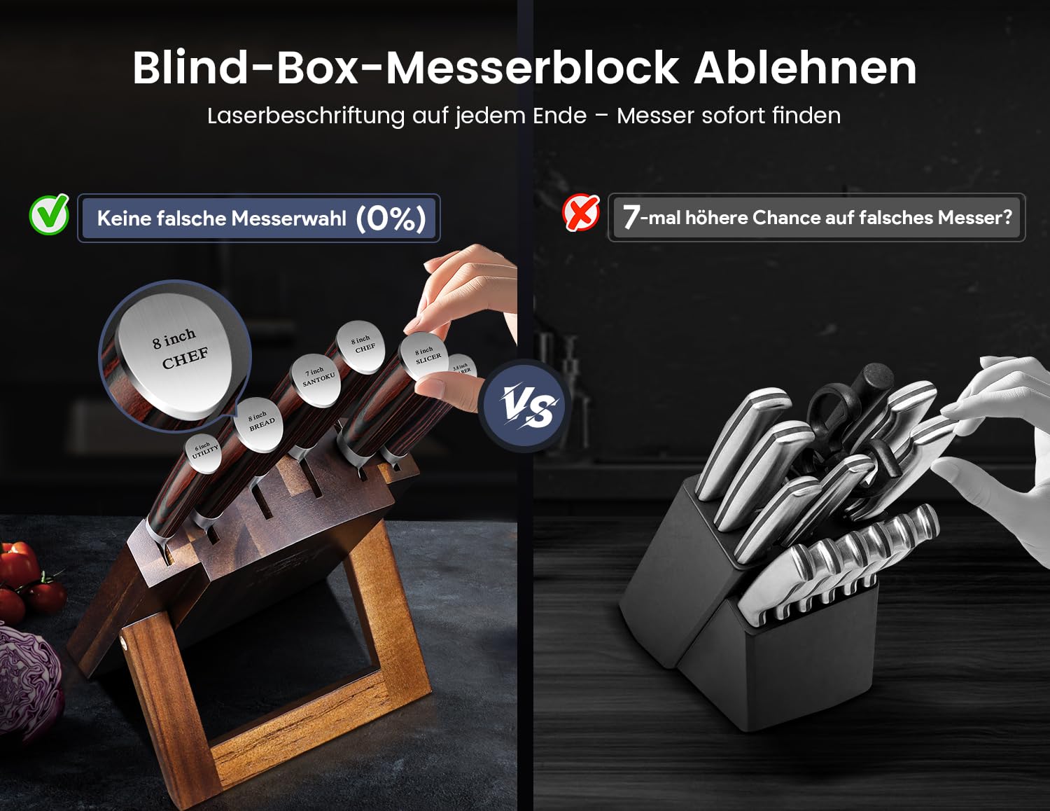 SYOKAMI Messerset 7-teiliges Küchenmesser-Set im japanischen Stil mit faltbarem magnetischem Akazienholzblock, scharfer Karbonstahl für die Küche mit rutschfestem ergonomischem Griff 6