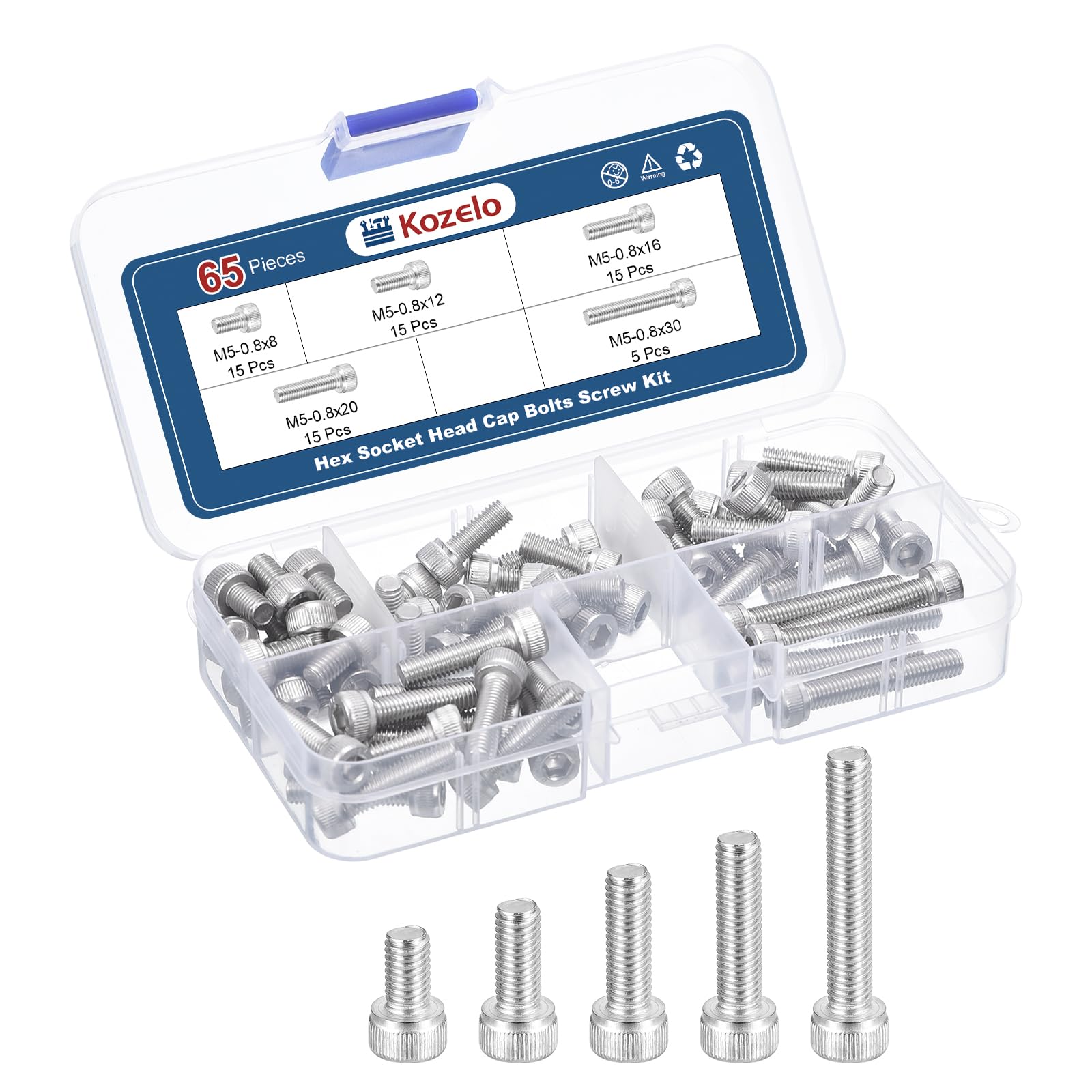 Kozelo 75pcs M5 Socket Head Cap Screws Bolts Nuts Assortment Kit - [M5x8/12/16/20/30mm] 304 Stainless Steel Allen Socket Drive for 3D Printer — image 1