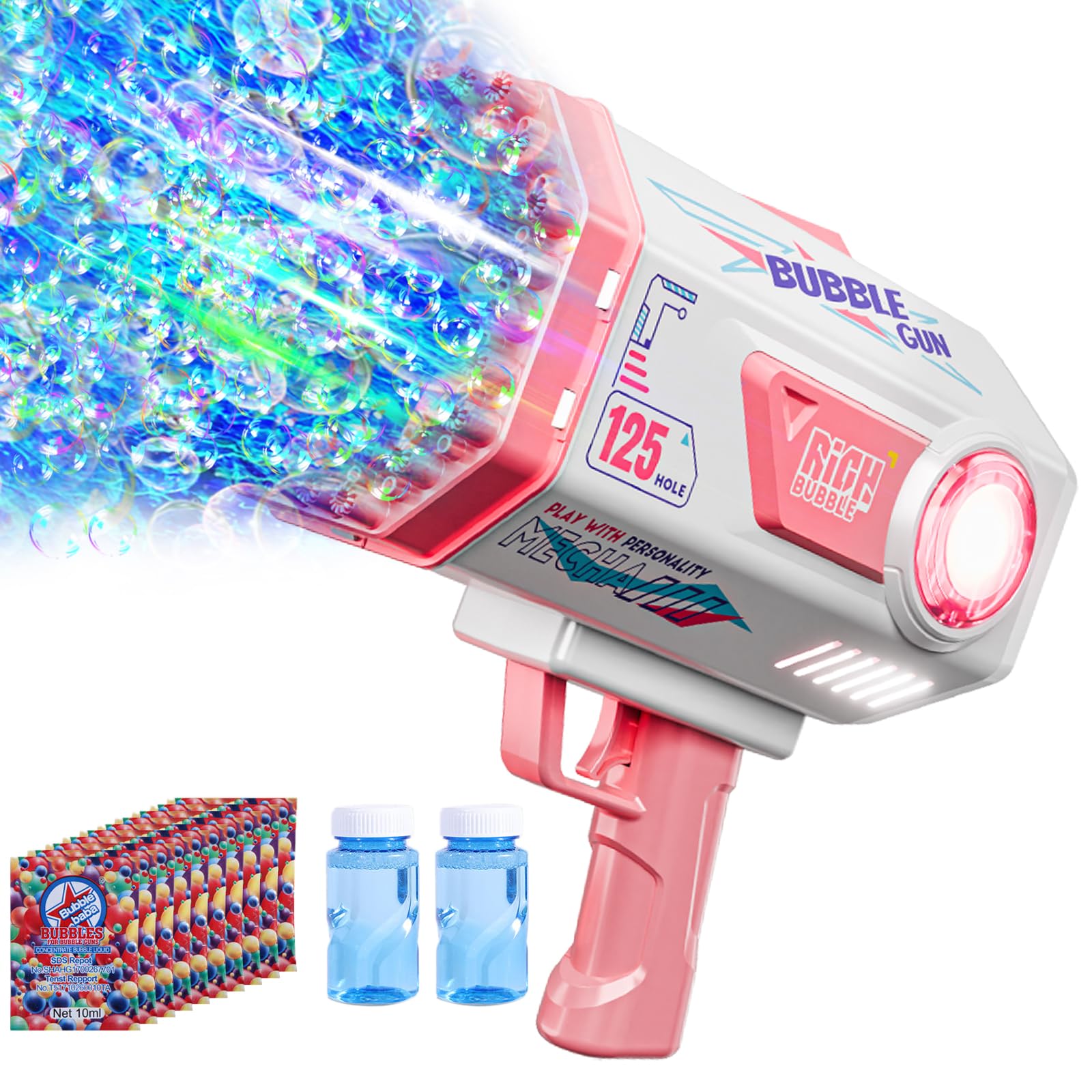 BOMOCO Bubble Gun,125 Holes Bubble Machine Bubbles for Kids Age 3-12,Bubble Blaster Gun with Bubble Solution Summer Outdoor Bubble Toys Birthday Wedding Christmas Party Favors Gifts Bubble Maker,Pink