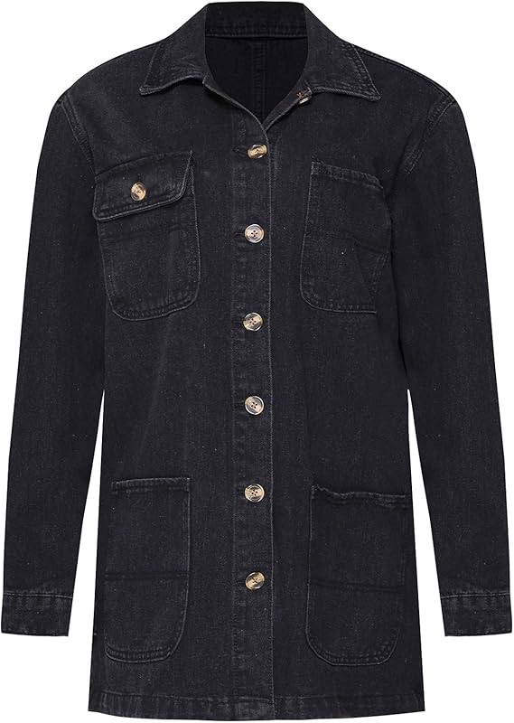 Buy Women's black denim button jacket with pockets (Black, Large) at
