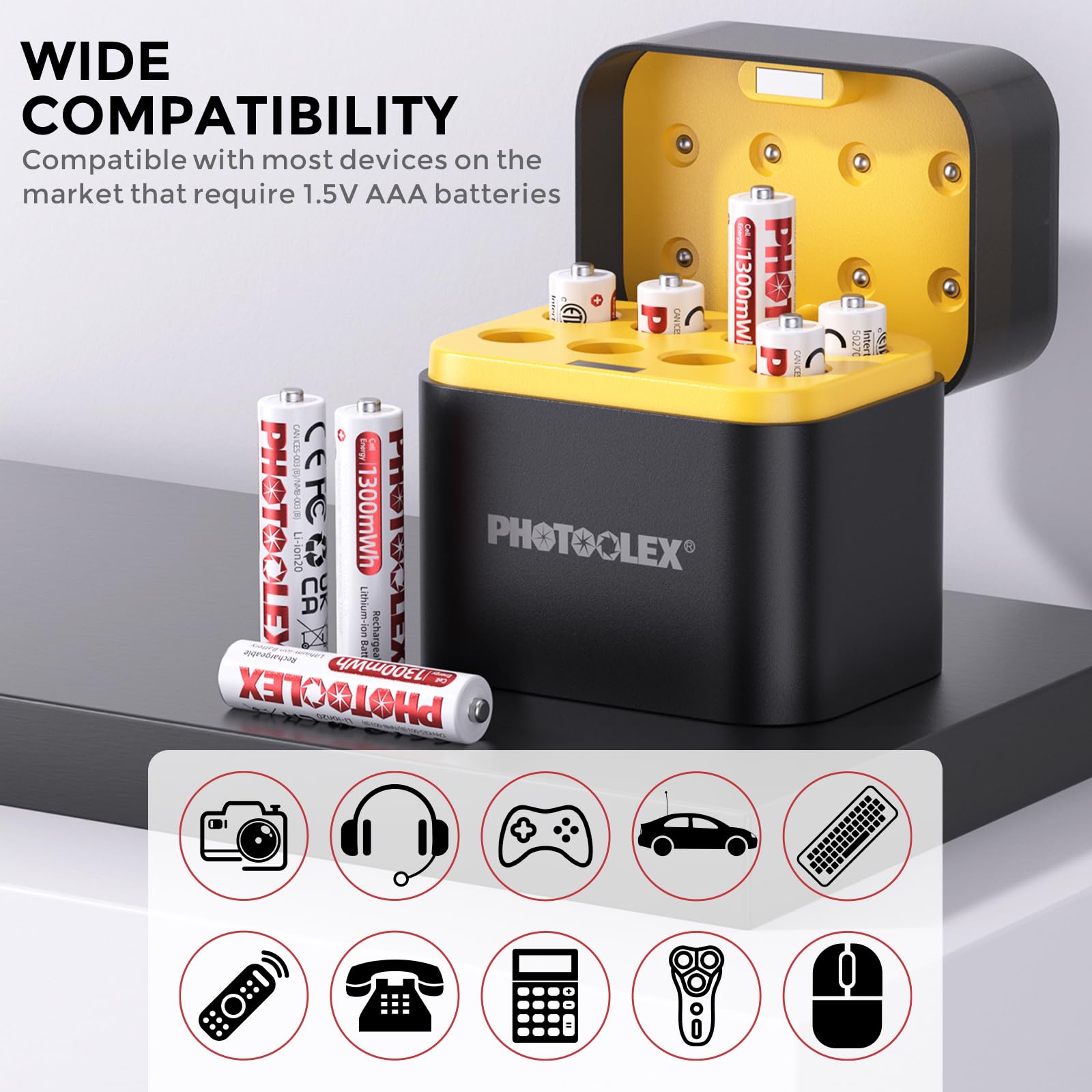 PHOTOOLEX AAA Akkus wiederaufladbar Lithium 8 Stück mit Ladegerät, 1300mWh hohe Kapazität 1,5V hohe Ausgangsleistung Dreifach A Li-ion Batterie, 1600+ Zyklen AAA Akku mit Schnellladegerät 7