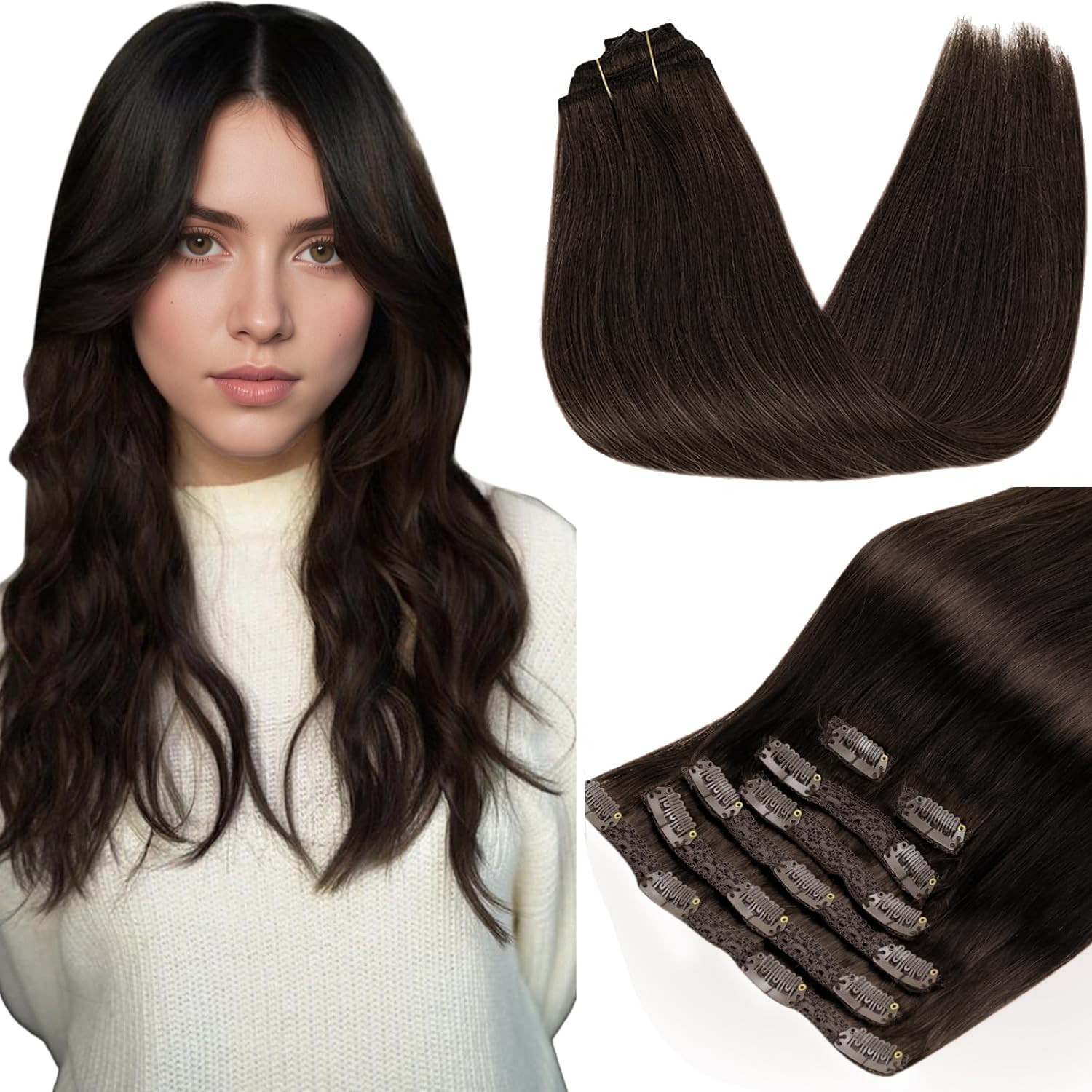 RUNATURE Clip in Human Hair Extensions Dark Brown Clip in Hair Extensions Brown Real Hair Clip in Extensions Brown Clip in Hair Extensions Real Human Hair Double Weft 14 Inch 120 Gram 7pcs — image 1