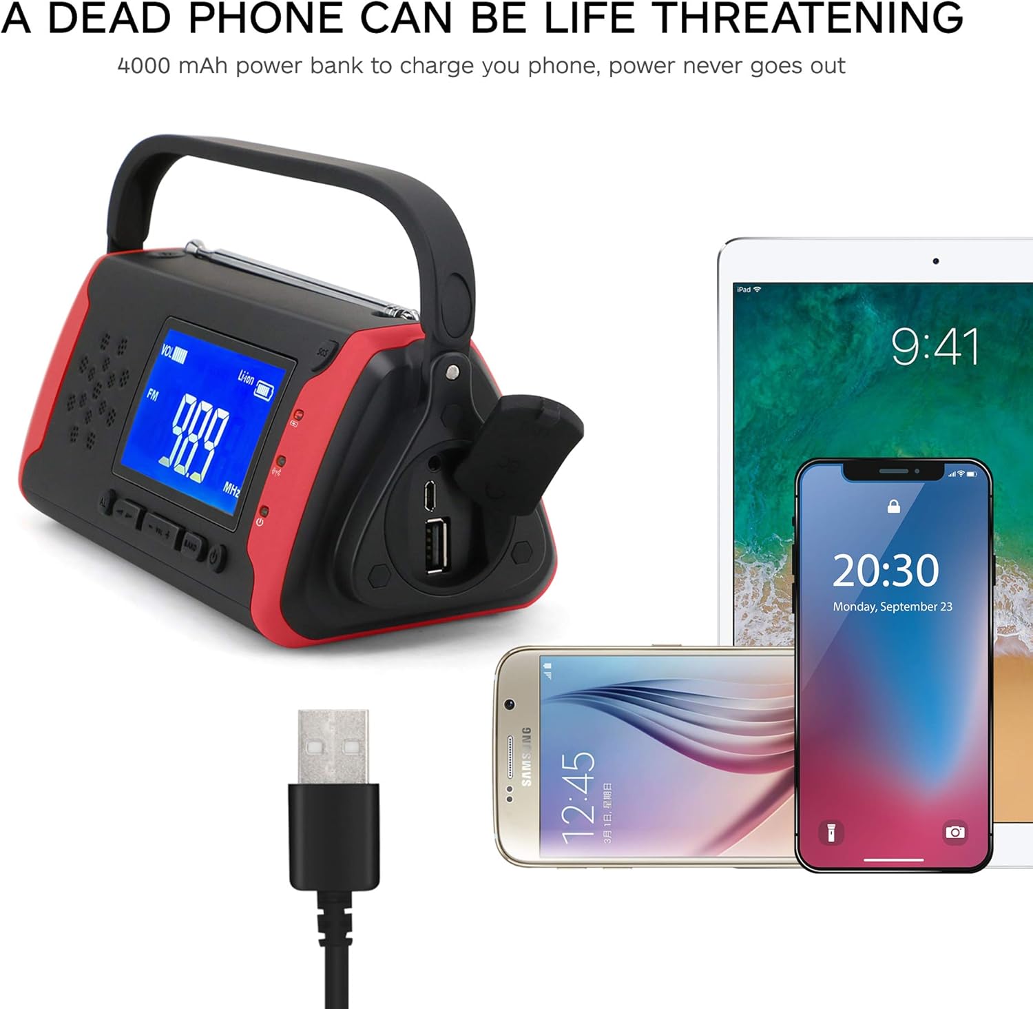 Emergency NOAA Weather Crank Solar Powered Portable Radio with 4000mAh Battery Power for Cell Phone, Bright Flashlight for Household Emergency and Outdoor Survival (097-Red): Home Audio & Theater