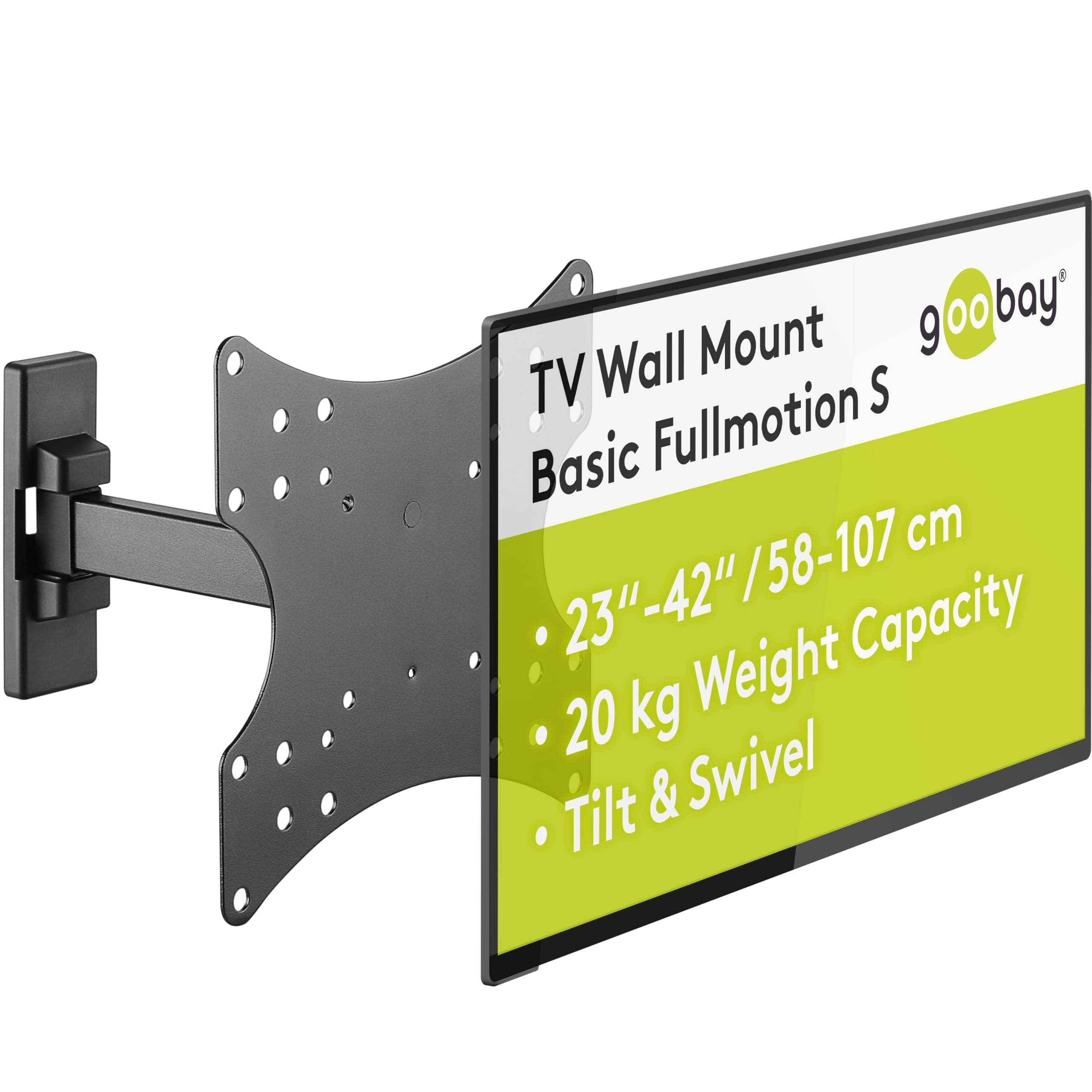 goobay TV Wall Mount - 23" to 42" Full Motion Tilt & Swivel Monitor Mount, 20kg Load Capacity, 44 to 192cm Extendable Wall Clearance, VESA Standard, Double Arm Joint 49713 Black