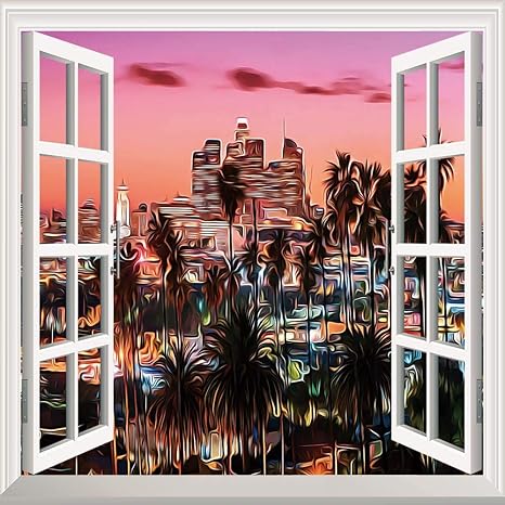 Amazon 抽象アート偽窓ステッカ絵画風 壁紙ポスター アメリカ ステッカー 壁紙風景画 壁飾り絵 風景 壁紙 簡単壁紙シール 100x70 Cm 活気に満ちた夕焼けの風景ロサンゼルスの有名なダウンタウンに装飾されたヤシの木 ウォールステッカー オンライン通販