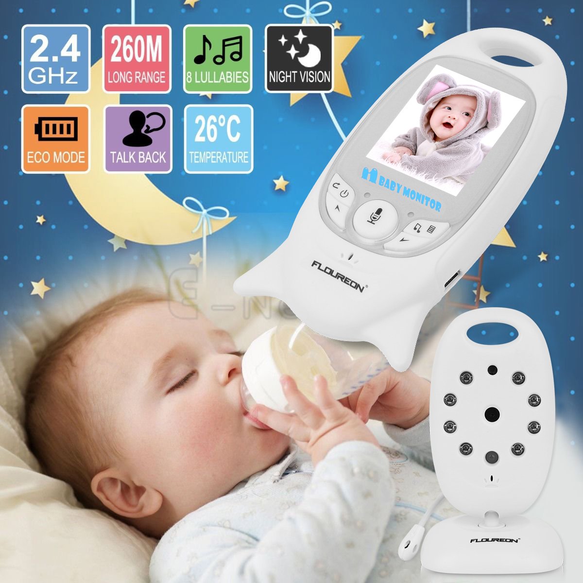 FLOUREON Wireless Baby Monitor Camera Bambini Videosorveglianza Sicurezza, Interfono, Visione Notturna, Monitoraggio Temperatura, LCD Display