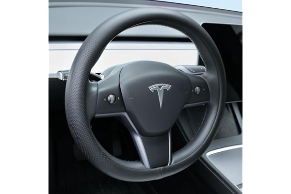 Uxcer Nappa Leather Steering Wheel Cover Compatible with Tesla Model 3/Y 2016-2025 2026 Juniper/Highland, Non-Slip Breathable