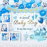 Baby Shower Decorations for Boy, Blue Baby Party Decor Kit with Balloons Boxes, Blue Balloon Garland Backdrop Banner and Tablecloth and Baby Shower Sash, Baby Boy Shower Decorations