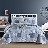 ENASAL Cotton Bedspread Quilt Bedding Sets Reversible Coverlet Sets Comforters Rustic Floral White Blue Patchwork Pattern Bedspread for All Season, Queen Size