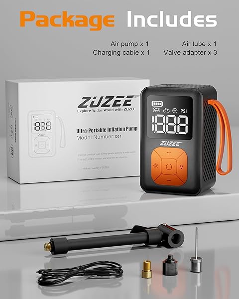 ZUZEE MINI BIKE PUMP, 150 PSI PORTABLE BICYCLE PUMP WITH GAUGE, 3X FASTER & AUTO STOP & BRUSHLESS MOTOR, ELECTRIC BIKE TIRE PUMP WITH PRESTA AND SCHRADER VALVE FOR ROAD BIKE, MTB, MOTORCYCLE, BALL,ETC