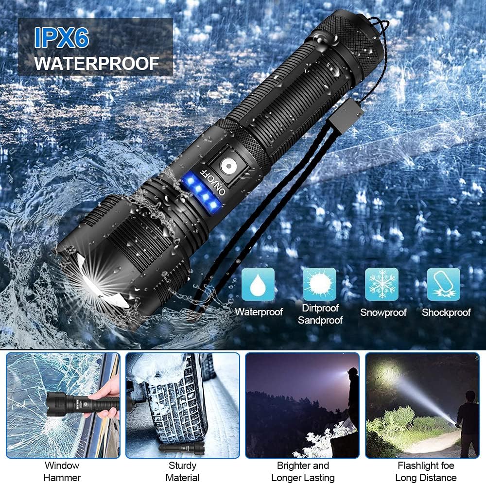 Rechargeable LED Flashlights High Lumens, 7000 Lumens Super Bright Zoomable IPX6 Waterproof Tactical Flashlight with Batteries Included & 5 Modes, Handheld Flashlight for Camping Emergencies (2PC) - - 