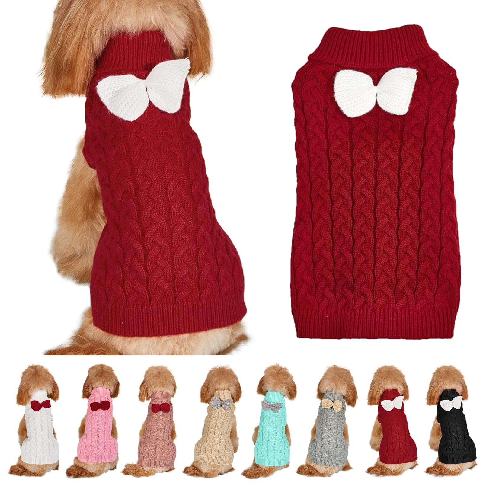 Yanmucy Dog Turtleneck Sweater Bow Knitting Dog Jumper Warm Dog Winter Clothes Pullover Knitwear Crochet Dog Coat Christmas Costume for Small Medium Large Dogs Cats (Red, L)