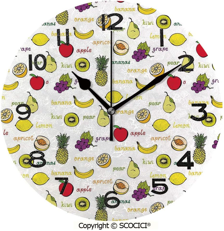 SCOCICI Print Round Wall Clock, 10 Inch Kiwi Banana Plums Lemon Orange Pear Grape Apricot Kitchen Food Print Decorative Quiet Desk Clock for Home,Office,School