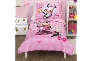 Disney Minnie Mouse Helping Friends 4 Piece Toddler Bedding set - Fitted Sheet, Pillow Case, Top Sheet, and Comforter Quilt - Pink