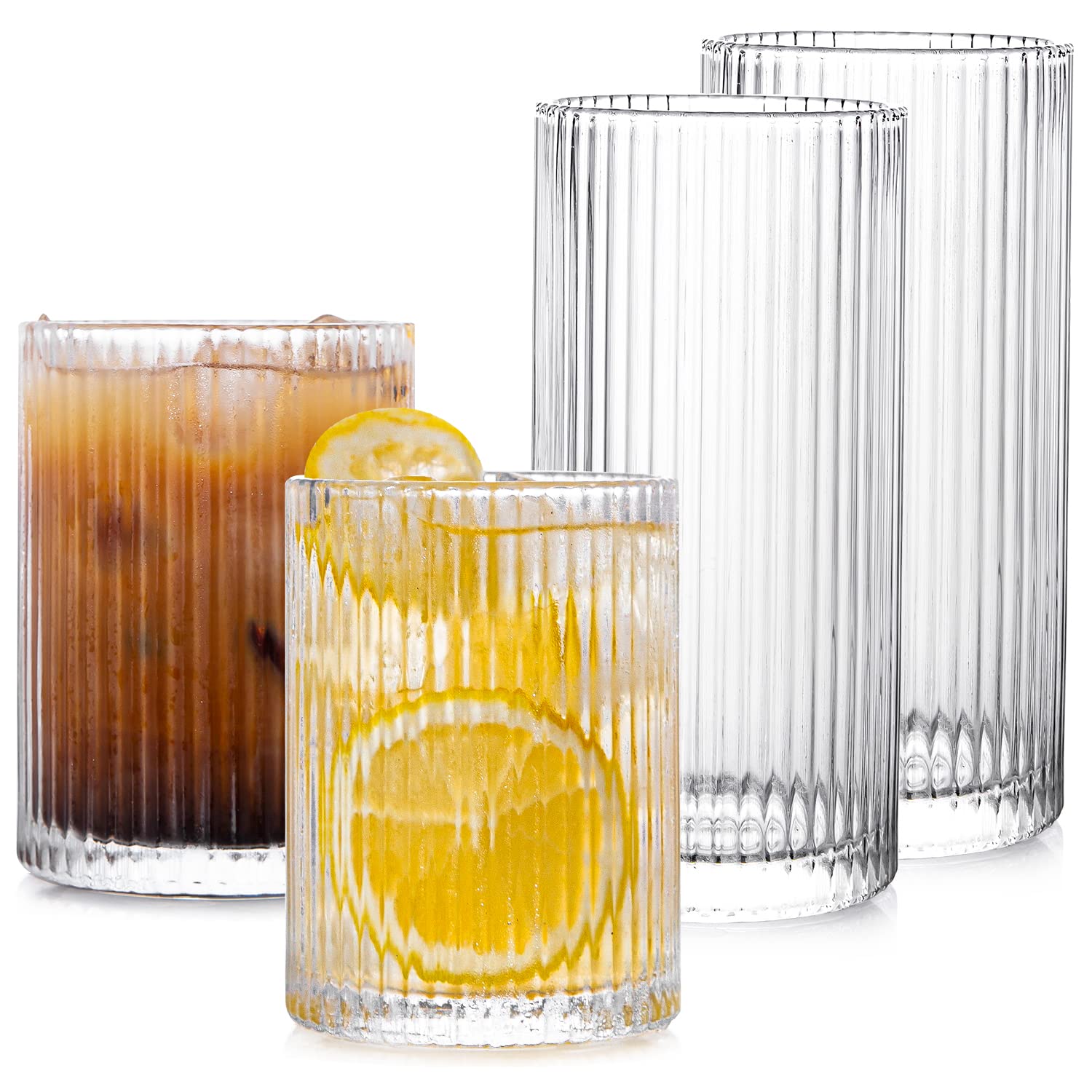 Drinking Glasses with Origami Style Set of 4pcs Glass Cups, 2 Highball Glasses & 2 Rocks Glasses, Elegant Ripple Vintage Glassware, Iced Coffee Glasses, Ideal for Cocktail, Whiskey,Beer