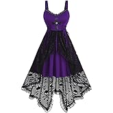 Rosegal Women Plus Size Gothic Lace-up PU Cross Skulls Lace Panel Asymmetrical High Low Midi Dress Rivets Straps Punk Dress