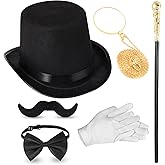Jadive 6 Pcs 1920s Men Accessories Gentleman Costume Hat Round Head Scepter Magnifying Glass Necklace Bow Tie Gloves Beard