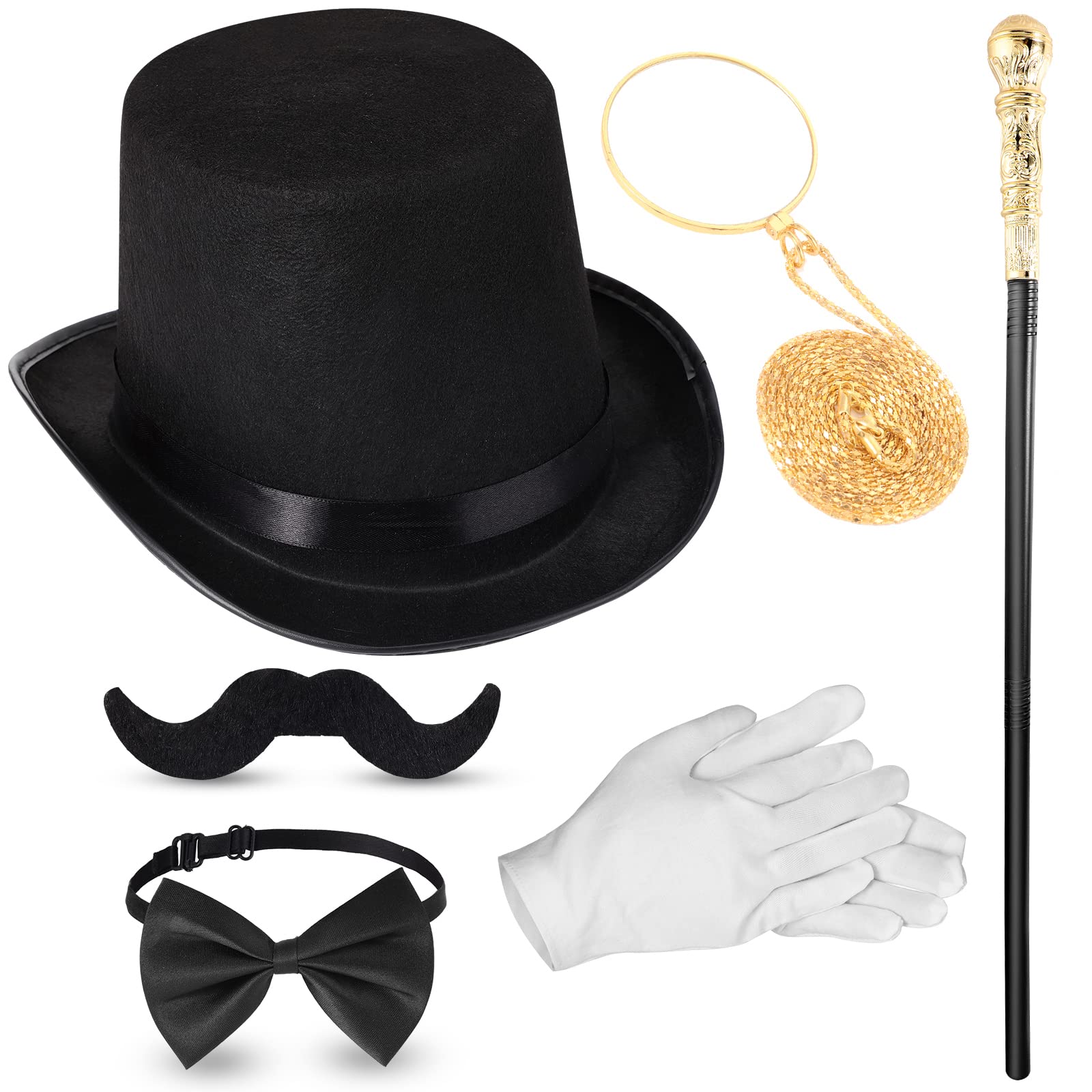 BBTO 6 Pcs 1920s Men Accessories Gentleman Costume Hat Round Head Scepter Magnifying Glass Necklace Bow Tie Gloves Beard(Gold,Stylish Style)